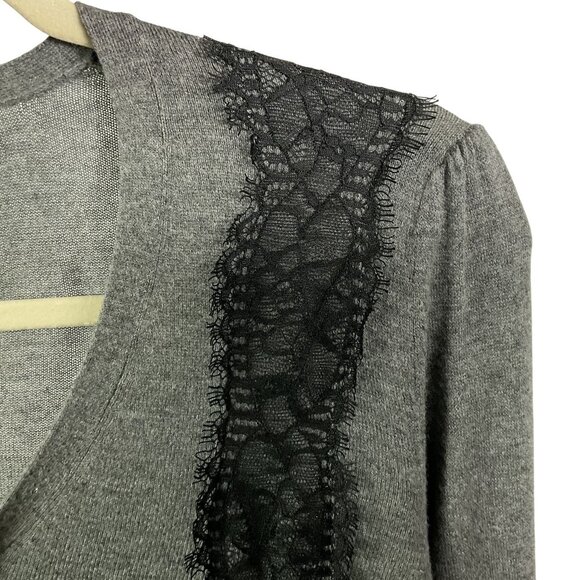 LOFT Gray V-neck Sweater with Black Lace Trim, Medium, Cotton/Rayon/Wool - Picture 2 of 8